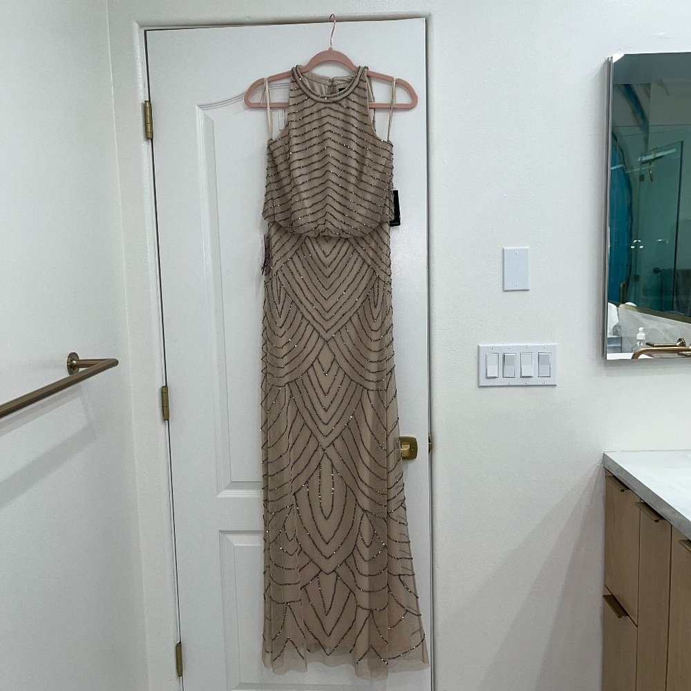 NWT - Adrianna Papell - Nude/Cream Beaded Art Deco Gown - Size 4